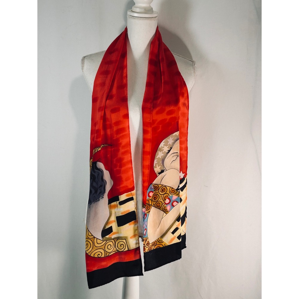 Art Nouveau Klimt Style Silk Scarf Red Graphic Print Artistic Long Wrap Scarf